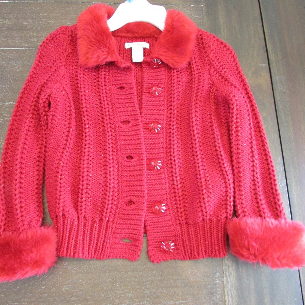 Greendog Little Girls Kids Red Cable Knit Fancy Sweater Fur Accent Sz 2/2T
